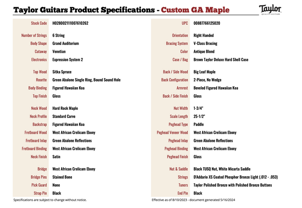 Taylor Custom GA Maple